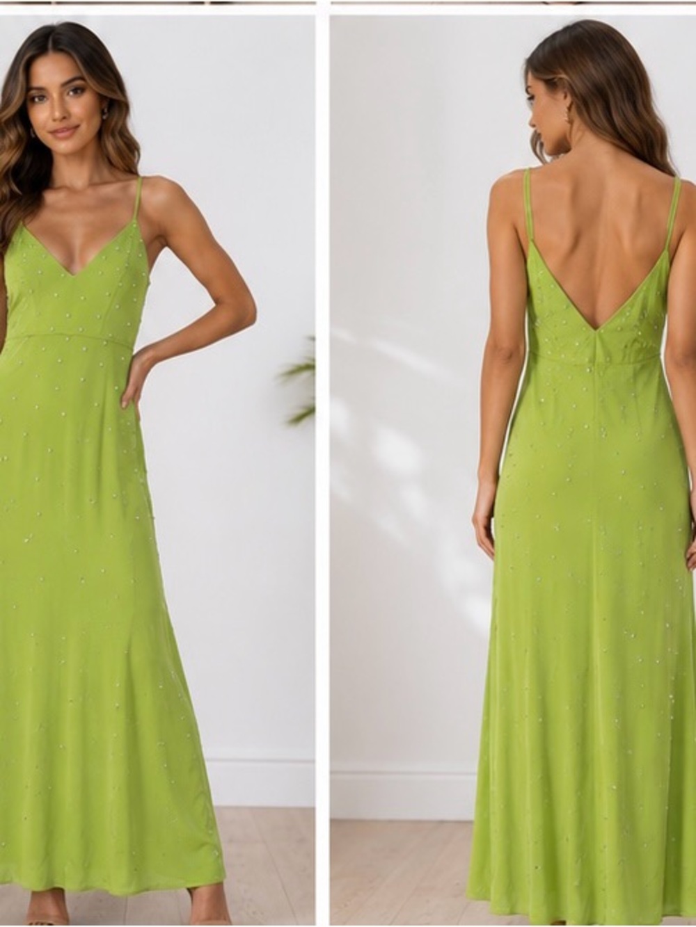 Mac Duggal Lime Green Beaded Spaghetti Strap Maxi Dress